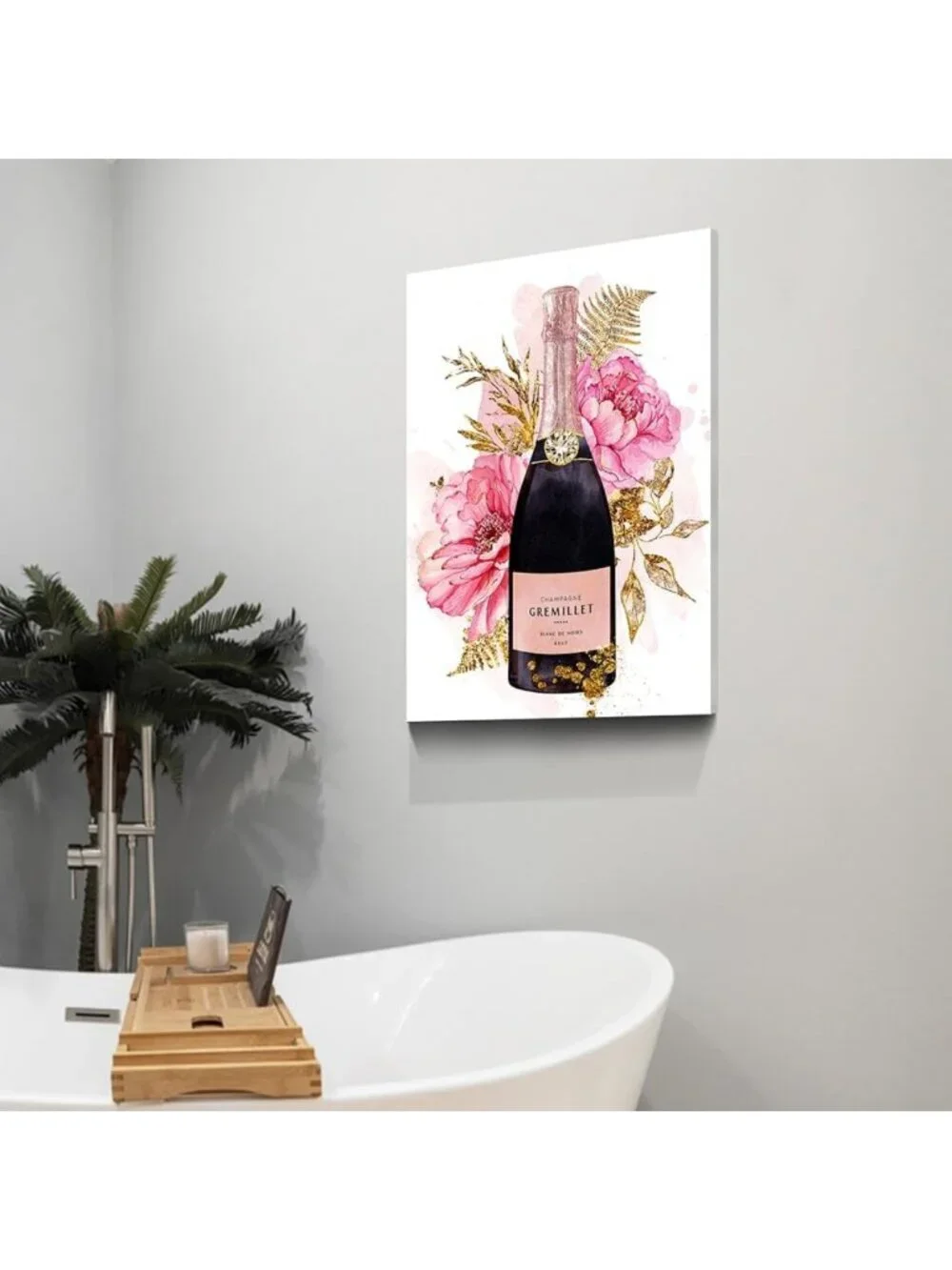 Chic Champagne Canvas Art with Pink Peony & Gold Foil - Glam Floral Wall Decor